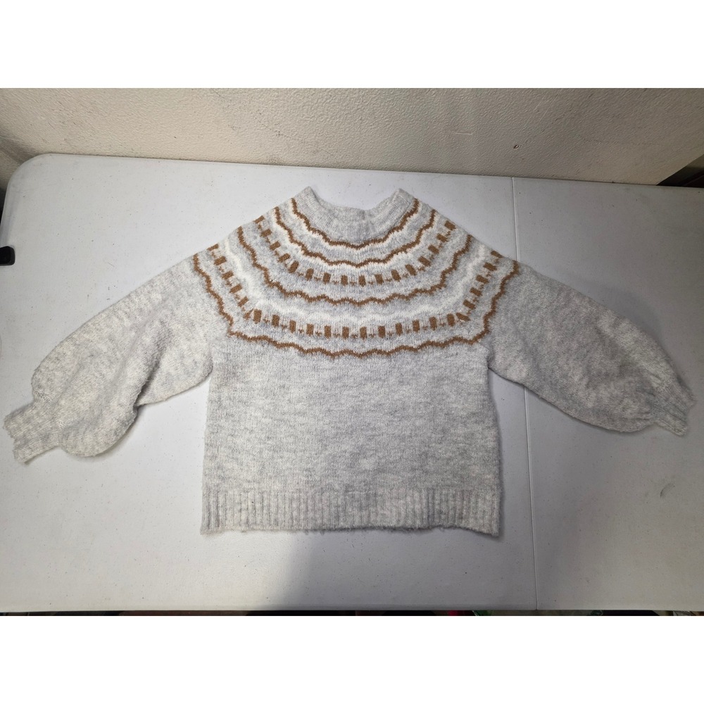 Vigoss Womens Grey Fair Isle Knit Sweater Balloon Sleeve Crew Neck XS